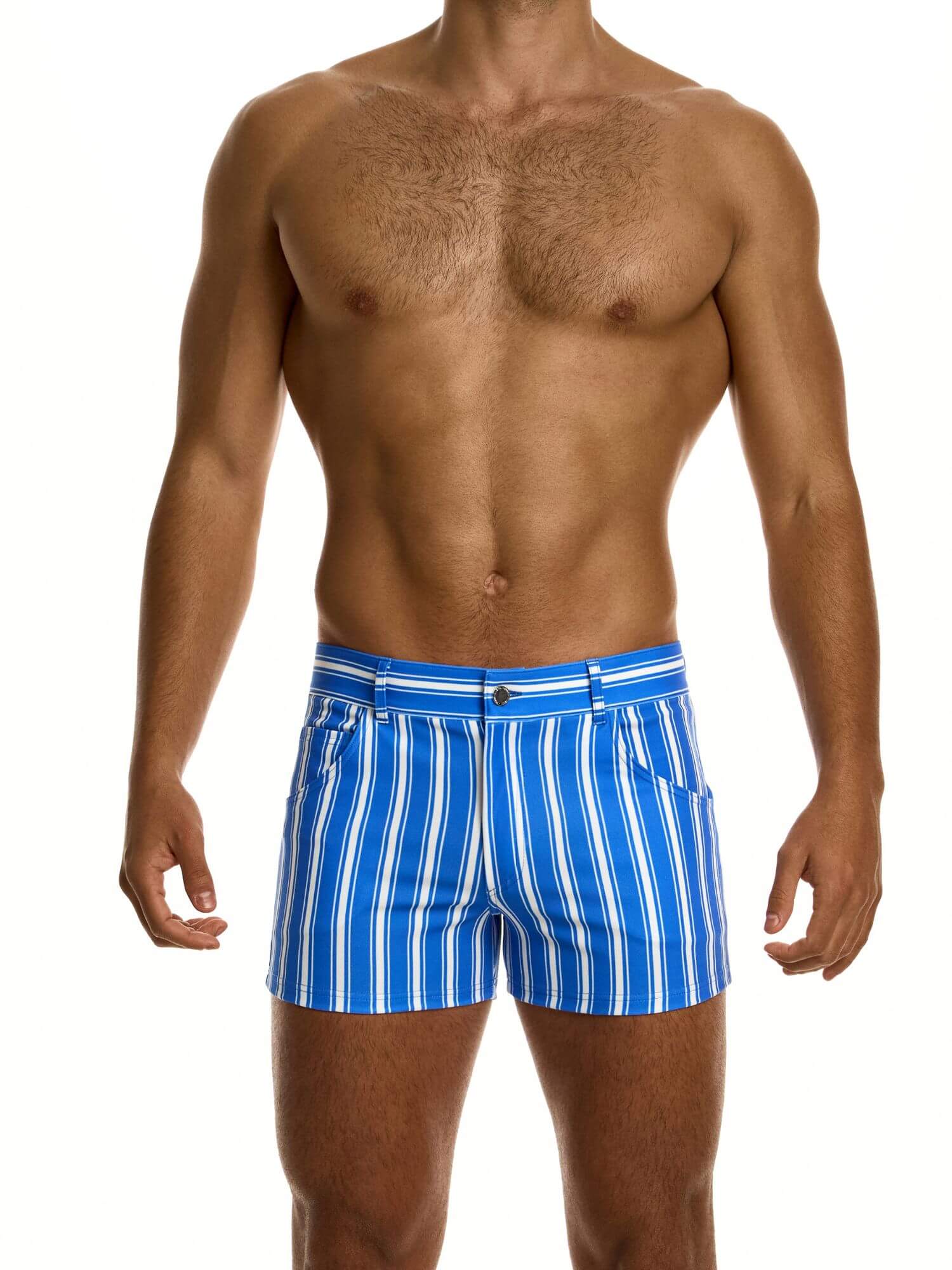 Man wearing blue and white striped shorts on a white background