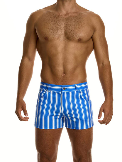 Man wearing blue and white striped shorts on a white background