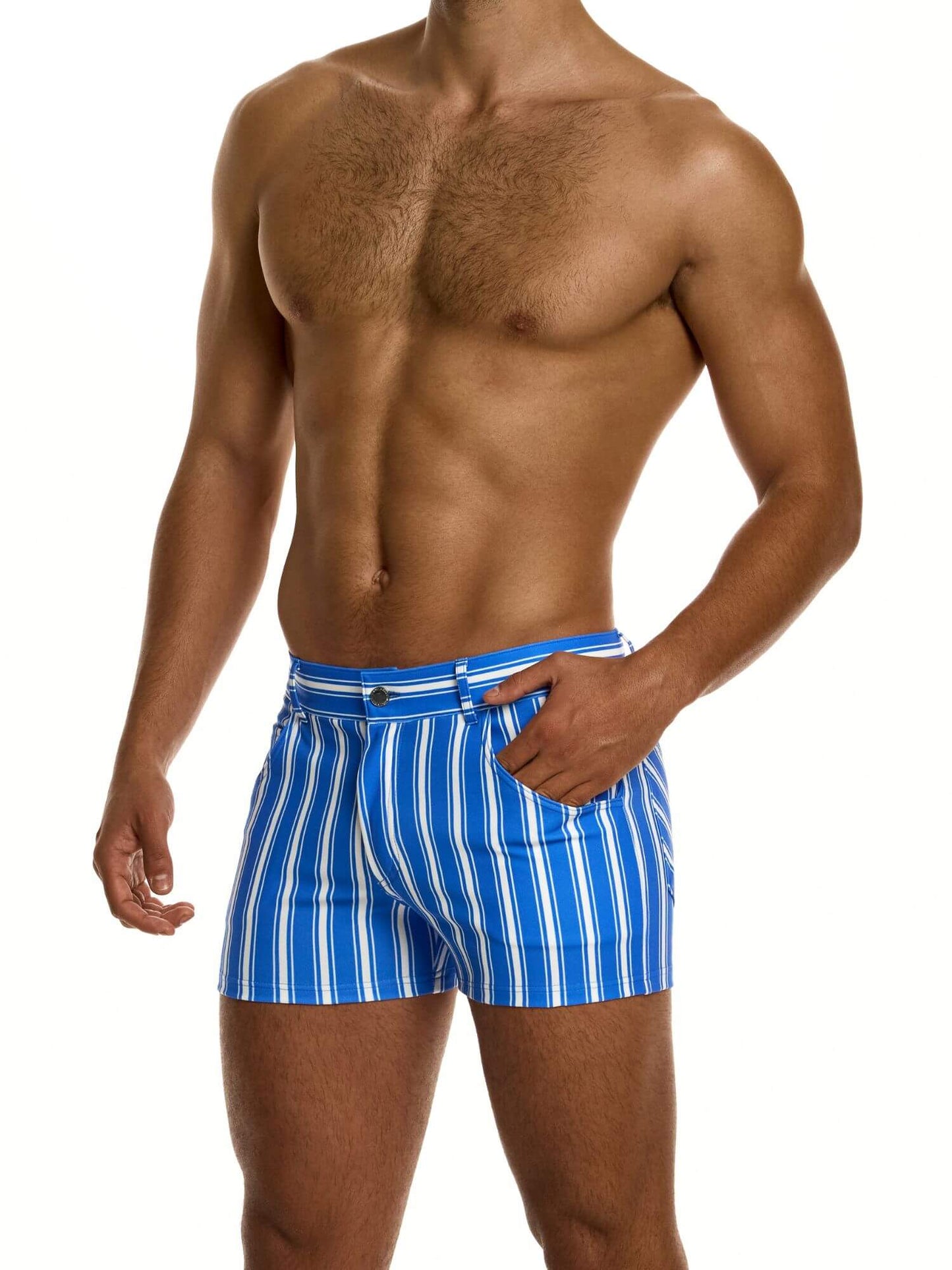 Man wearing blue and white striped 5 pocket shorts on a white background