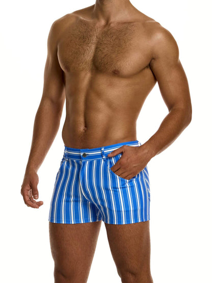 Man wearing blue and white striped 5 pocket shorts on a white background