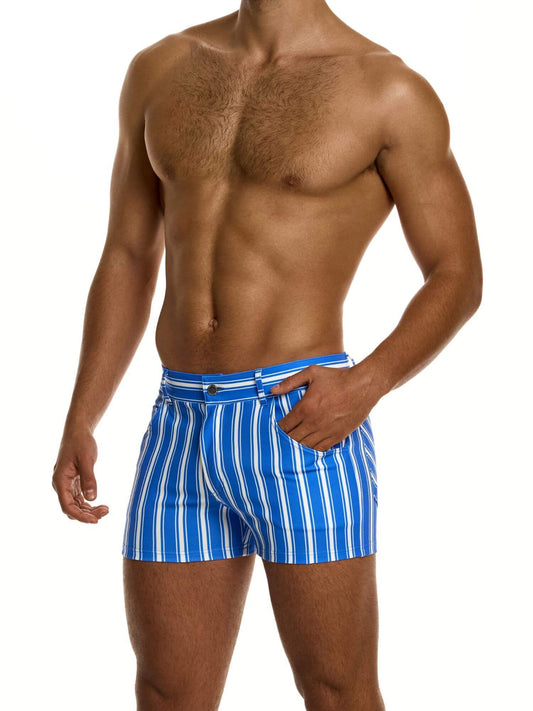 Man wearing blue and white striped 5 pocket shorts on a white background