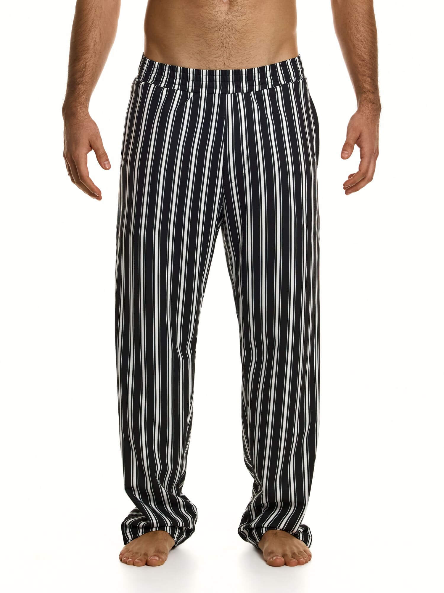 Black and white striped men's pants on a white background