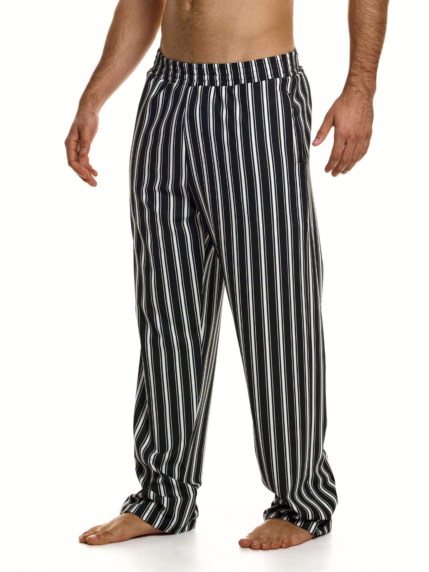 Black and white striped men's pants on a white background