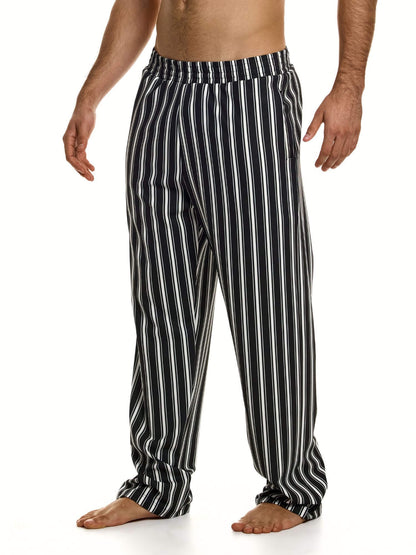 Black and white striped men's pants on a white background