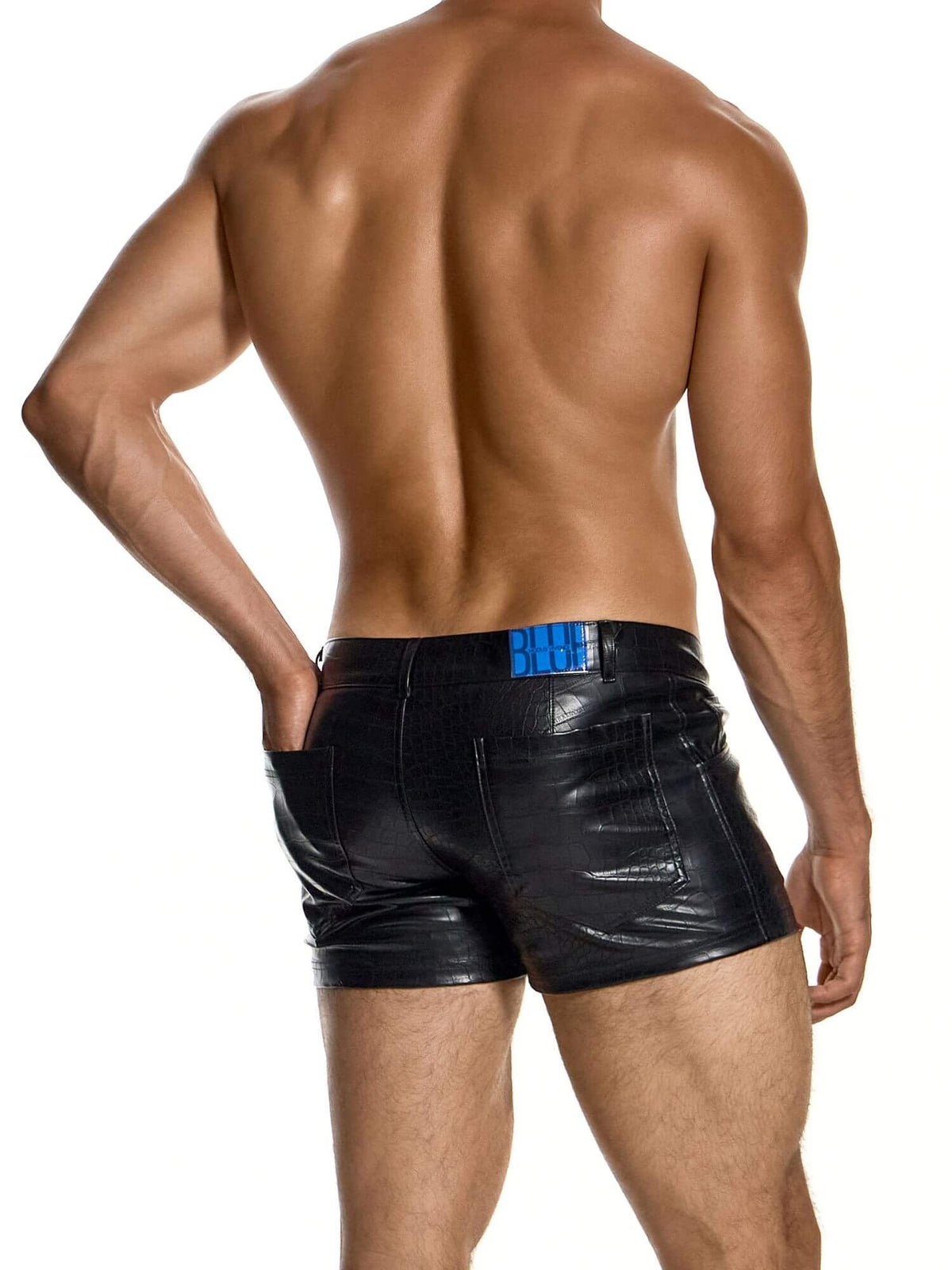Rear view of Modus Vivendi Croco textured faux leather shorts in black
