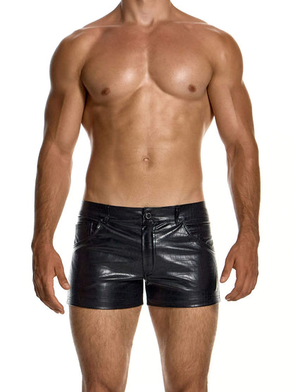 Front view of Modus Vivendi Croco textured faux leather shorts in black
