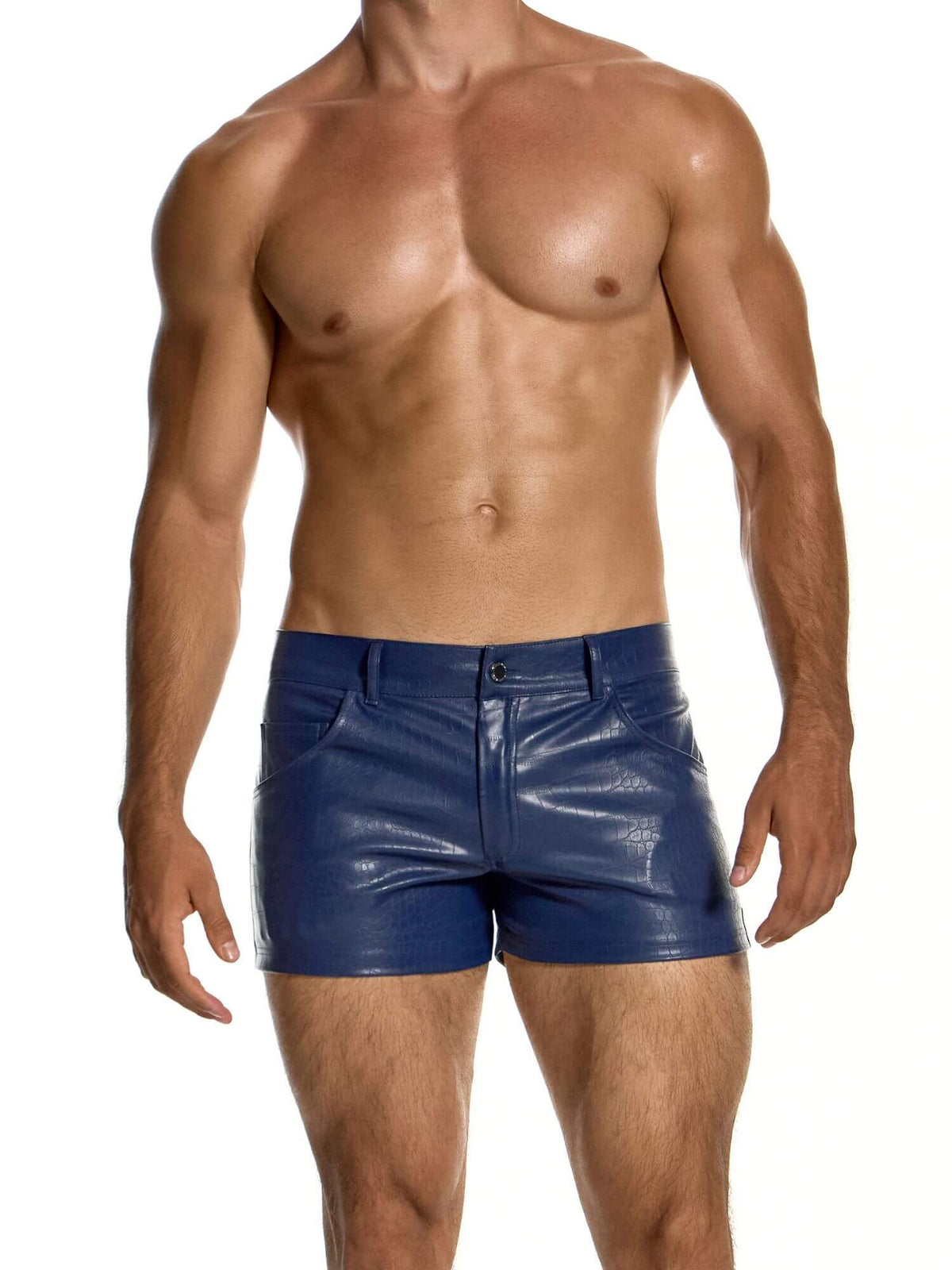Front view of Modus Vivendi Croco textured faux leather shorts in blue