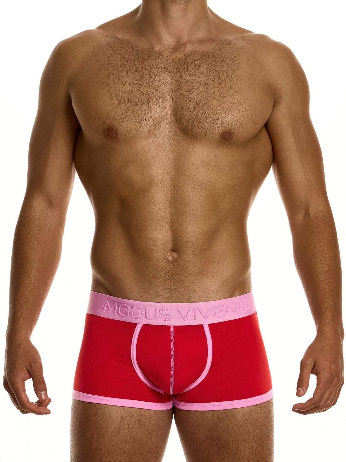 Red boxer briefs with pink waistband on a white background