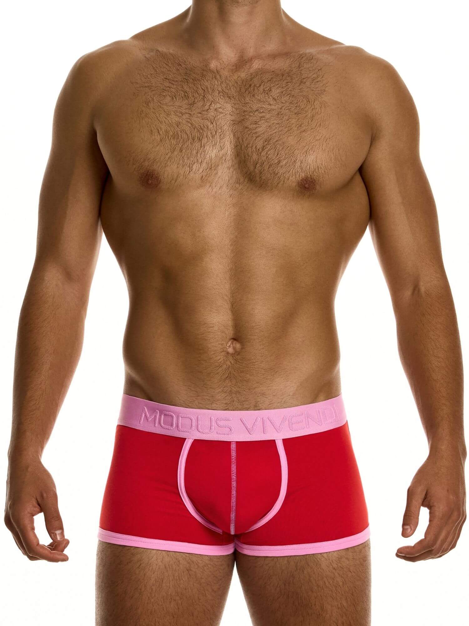 Red boxer briefs with pink waistband on a white background