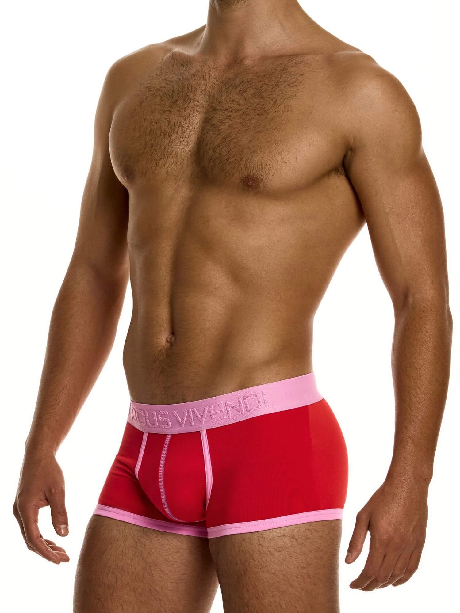Red boxer briefs with pink waistband on a white background