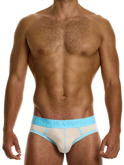 Man wearing a beige and blue underwear with 'Modus Vivendi' branding on a white background