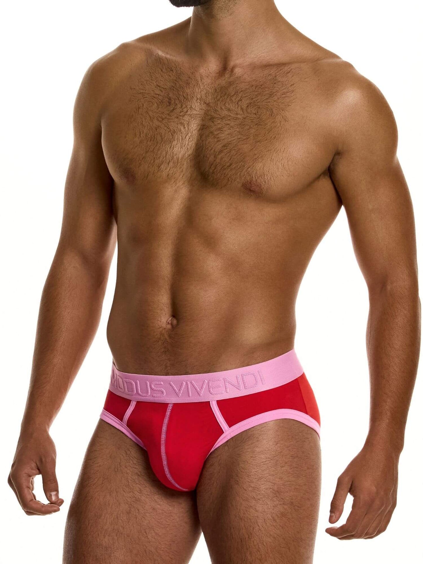 Man wearing a red and pink underwear branding on a white background