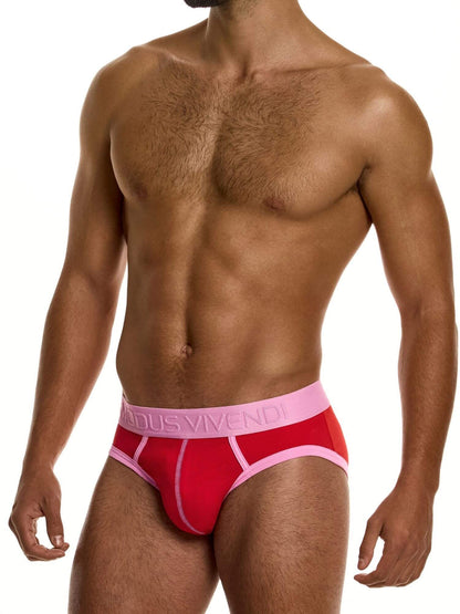 Man wearing a red and pink underwear branding on a white background