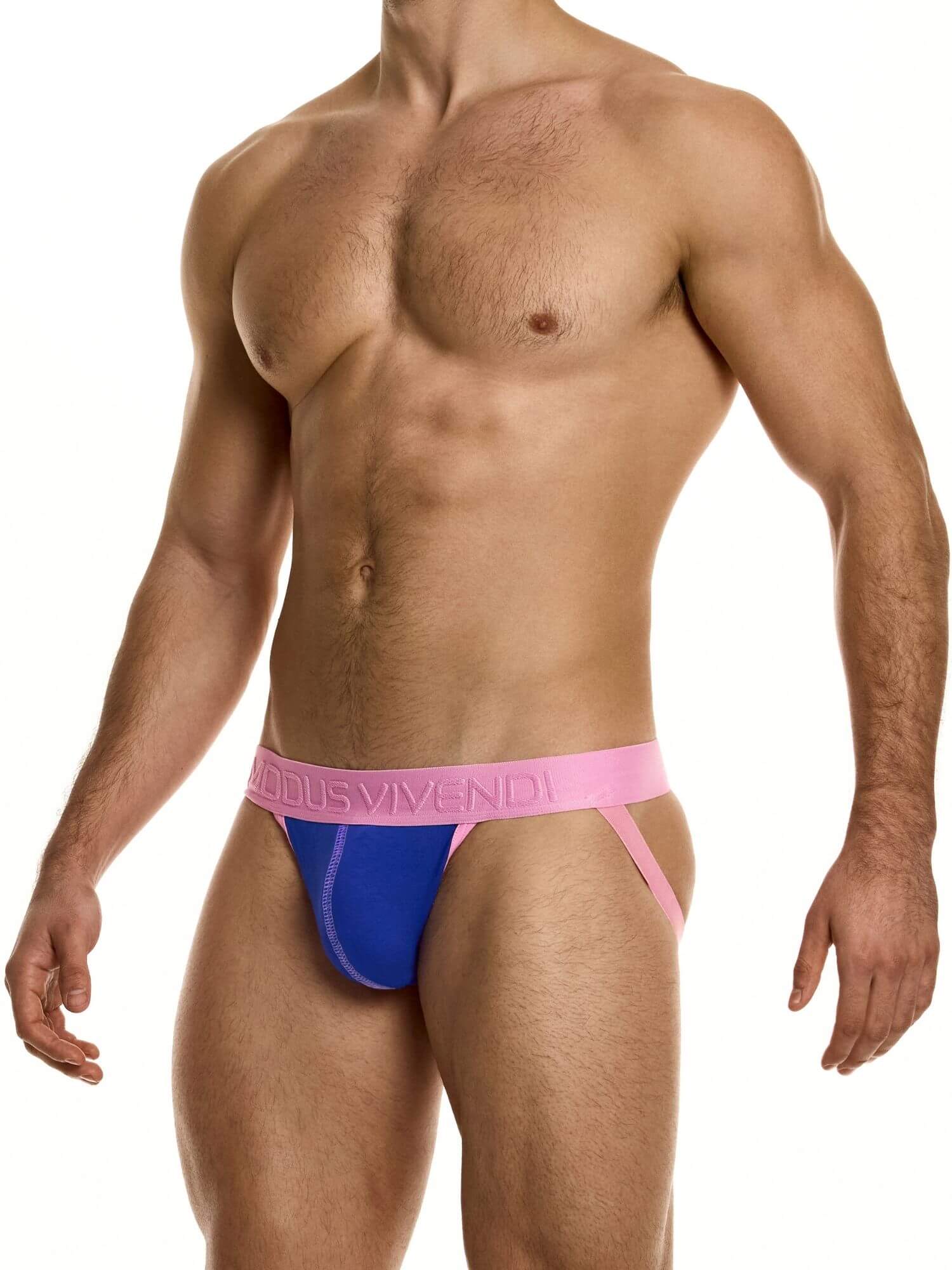 Man wearing a colorful jockstrap with a visible brand logo on a white background