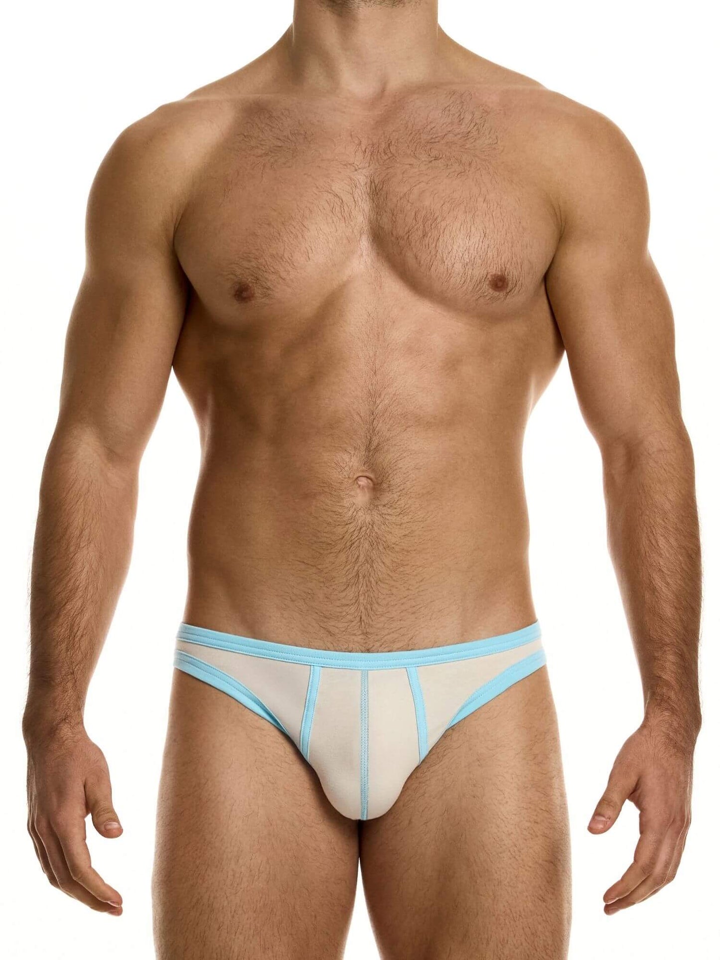 Man wearing a white and light blue men's underwear on a white background