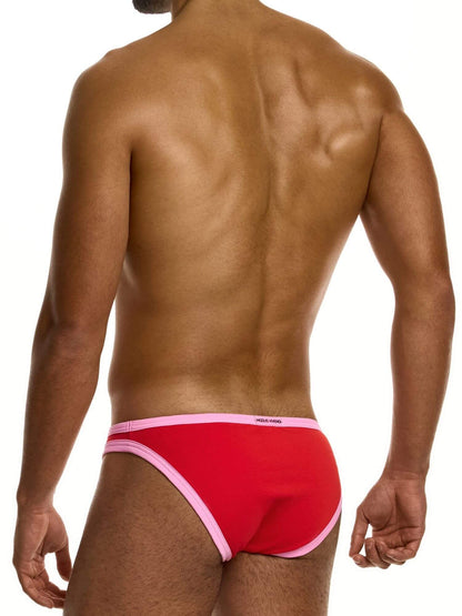 Red men's underwear with pink waistband on a white background