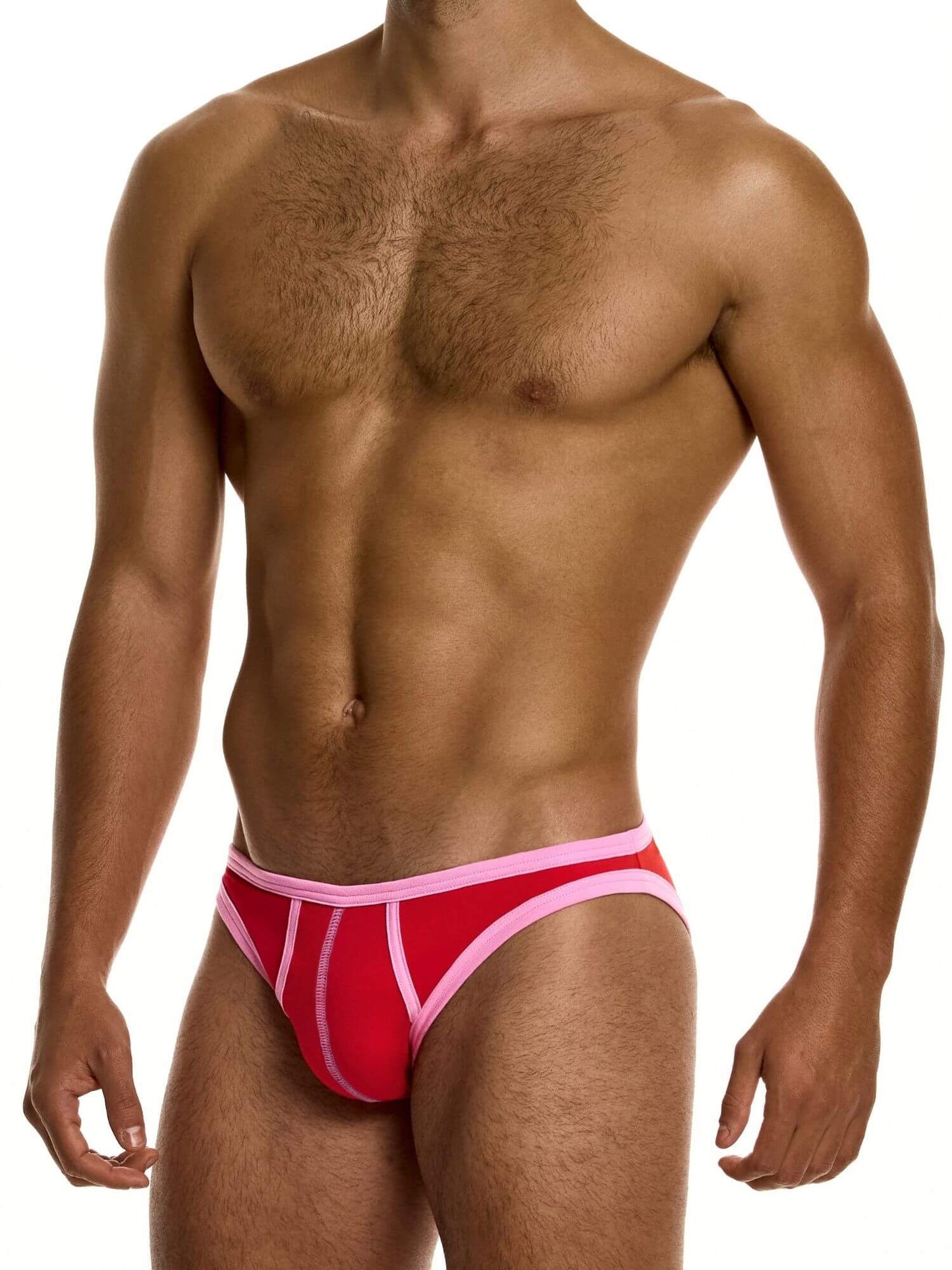Man wearing a red and pink men's underwear on a white background