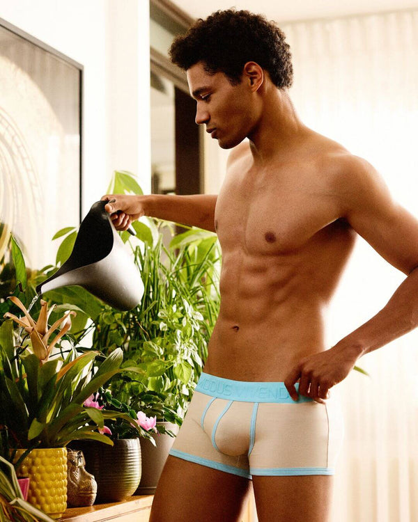 Man in underwear watering plants indoors