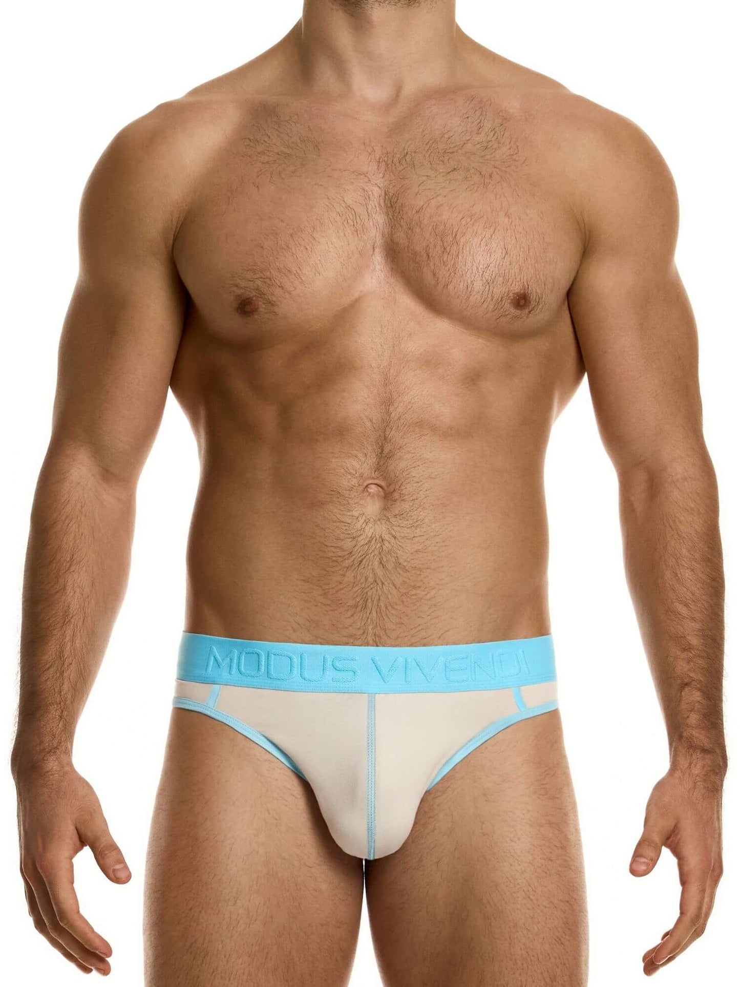 Man wearing a beige and blue men's underwear on a white background