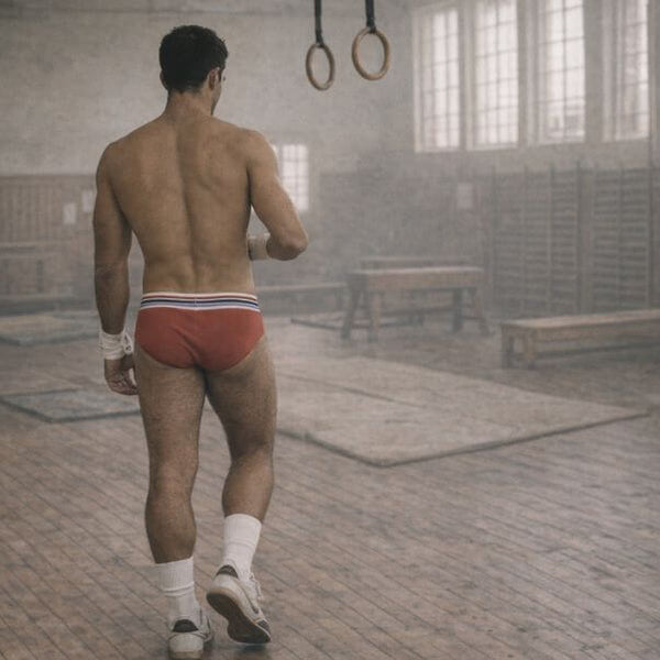 Man in red vintage athletic shorts walking in a gymnasium.