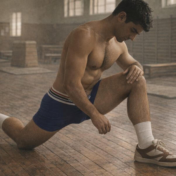 Man in blue shorts and white socks sitting on a wooden floor in an indoor setting