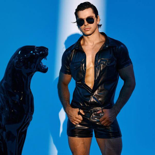 Model wearing MODUS VIVENDI leather shirt and shorts