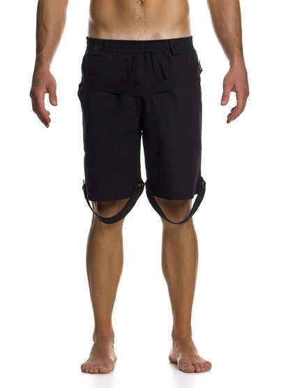 Black shorts with straps worn by a person on a white background