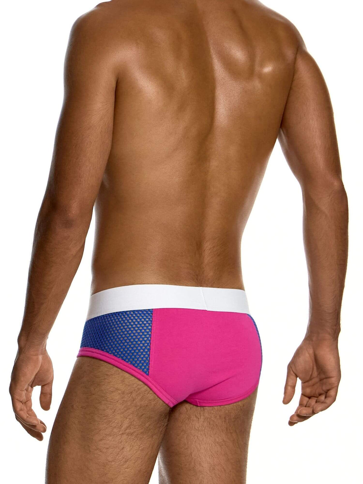 Rear view of a man wearing men's briefs with a color-blocked design featuring a white waistband, a blue mesh panel, and bright pink fabric on a white background.