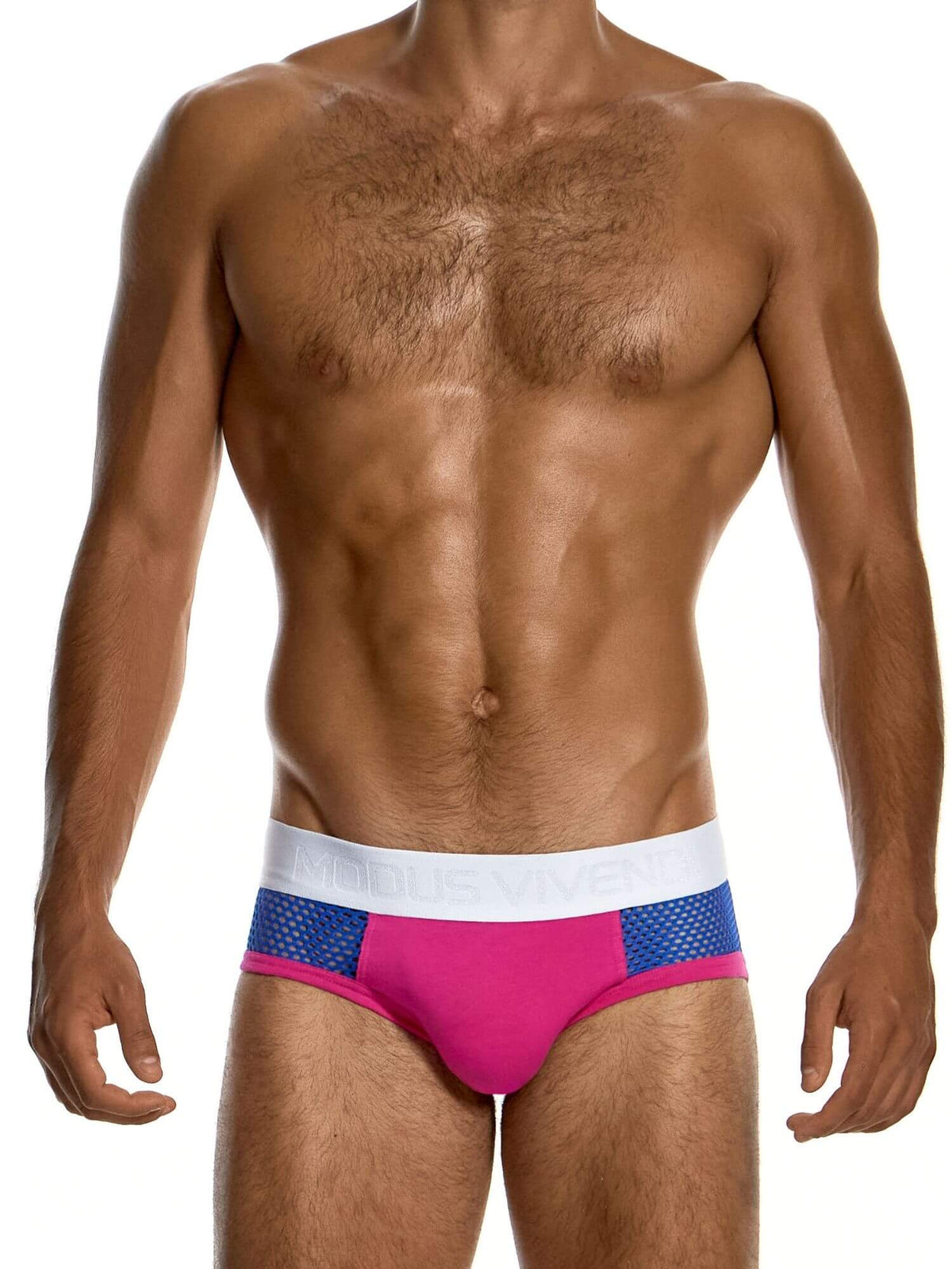A man's lower torso wearing low-rise briefs with a white waistband, blue patterned side panels, and a bright pink front panel, shown against a plain white background.