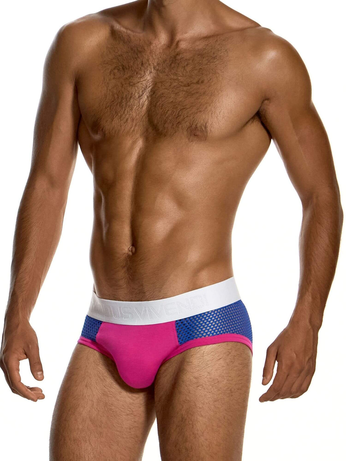 A man wearing low-rise men's briefs with a white waistband, blue mesh side panels, and a bright pink front panel, shown against a plain white background.