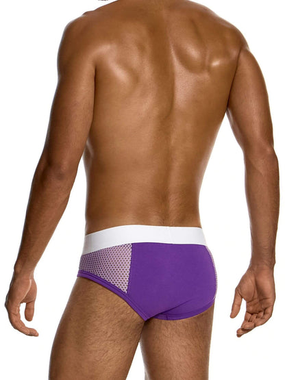 Rear view of a man wearing purple and white men's briefs with a mesh side panel, against a plain white background.