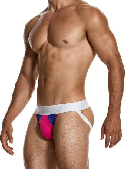 A muscular male model wearing a men's low-rise brief with a white elastic waistband and a colorblock pattern of bright pink and blue.
