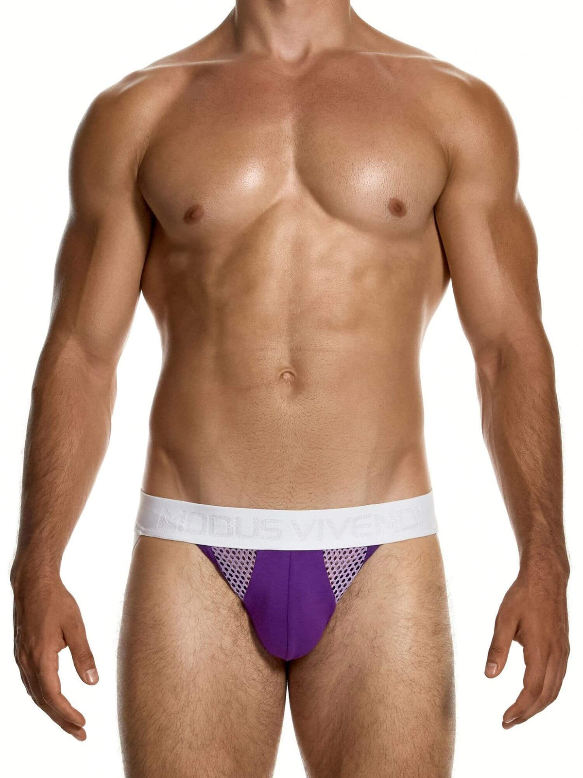 A muscular male model wearing a pair of purple and white mesh briefs with a white elastic waistband that reads 'ACOBUS VIVE'.