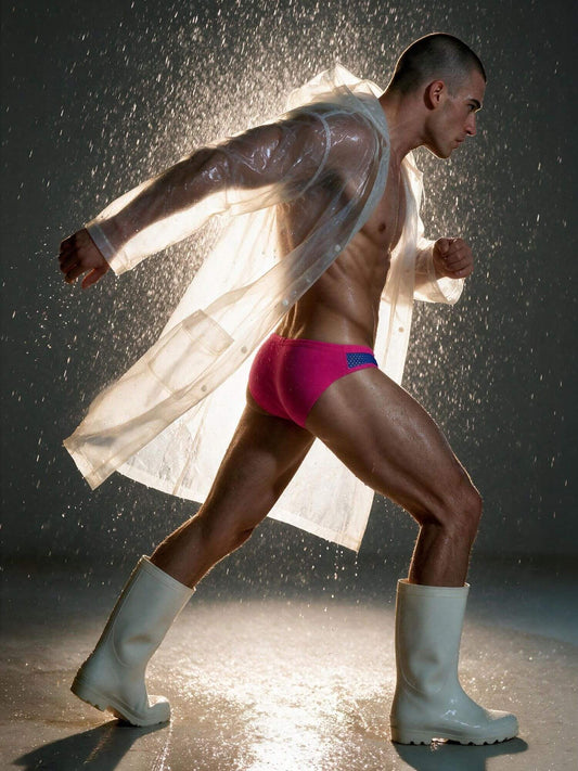 A man in bright pink briefs wearing a translucent white raincoat and white rubber rain boots, captured mid-step in the rain with water droplets spraying around him.