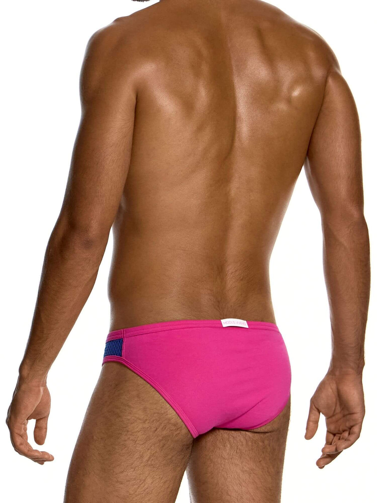 Rear view of a man wearing bright pink  briefs with a small blue side accent and a white tag, against a plain white background.