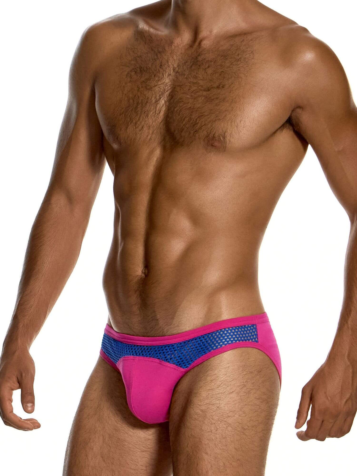 A close-up of a man's lower torso wearing bright pink briefs with a blue mesh waistband, photographed against a plain white background.