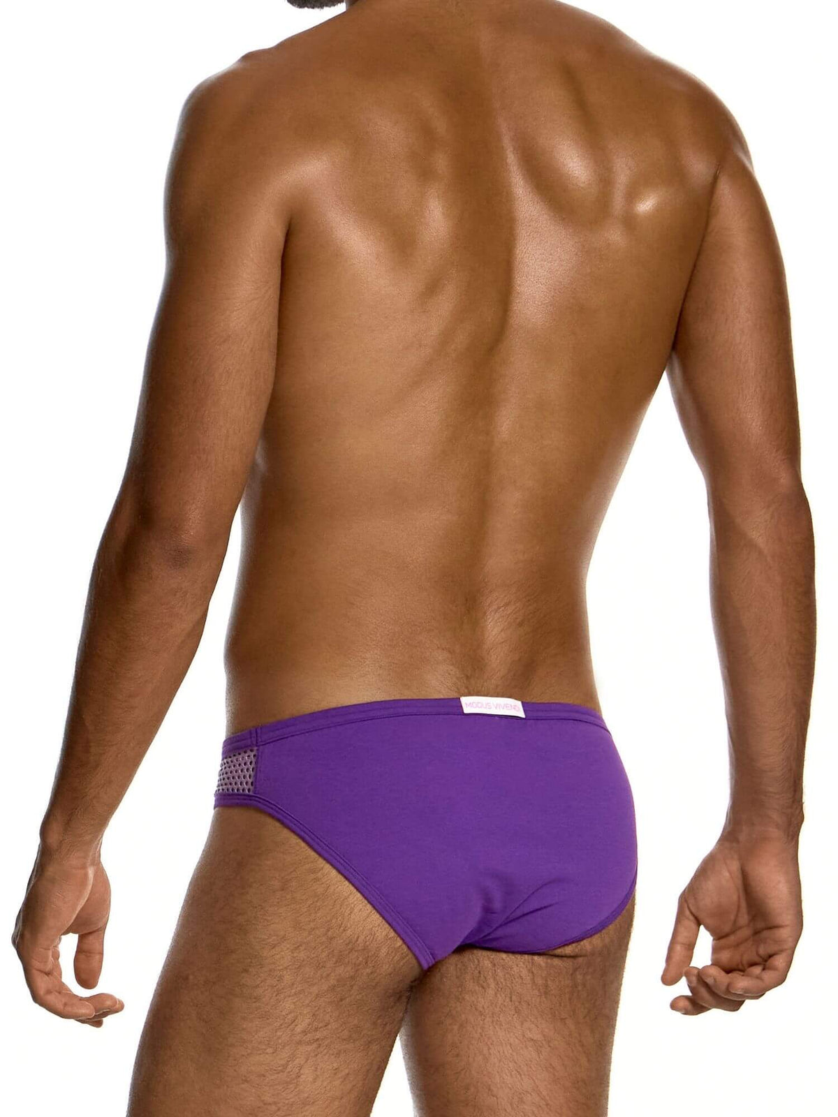 Rear view of a man wearing low-rise purple  briefs against a white background.