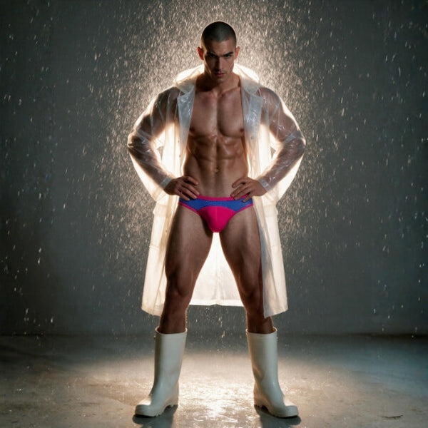 A muscular man stands in the rain wearing a transparent white raincoat, white rain boots, and pink and blue bikini briefs against a dark gray background with dramatic lighting.
