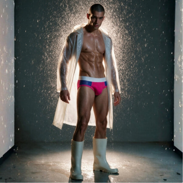 A muscular man stands in the rain wearing a translucent white raincoat, hot pink and blue briefs, and tall white rain boots against a dark gray background.