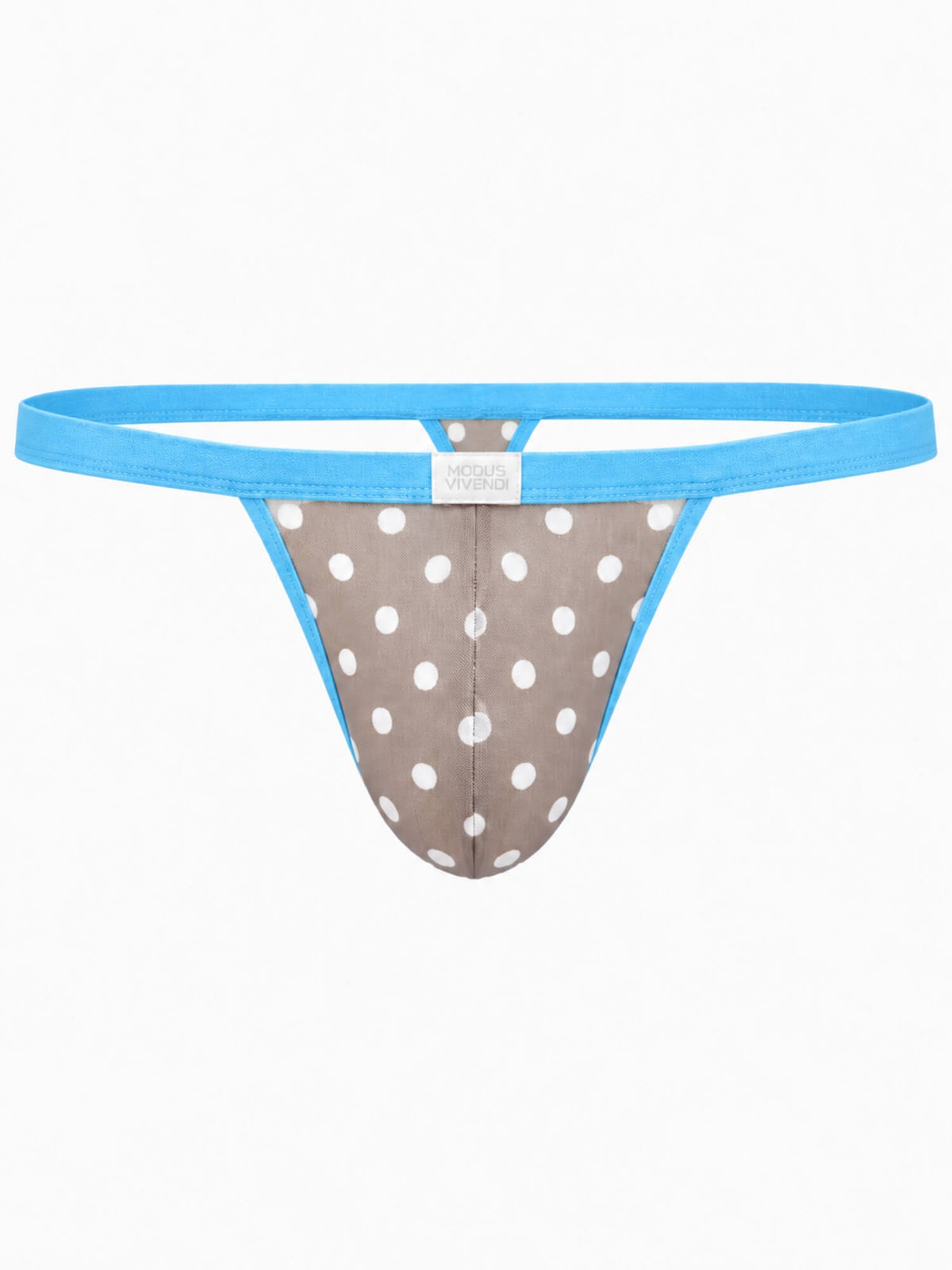 A men's thong-style underwear bottom with a light blue waistband and trim, featuring a taupe-brown front panel with white polka dots, shown on a plain white background.