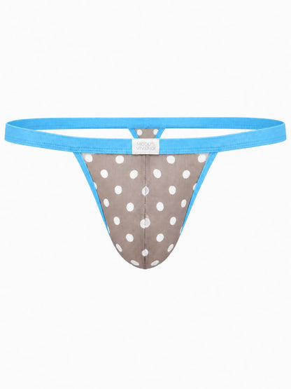 A men's thong-style underwear bottom with a light blue waistband and trim, featuring a taupe-brown front panel with white polka dots, shown on a plain white background.