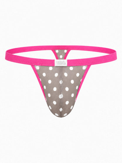A men's thong-style underwear brief by Modus vivendi, featuring a gray and white polka dot pattern with a vibrant hot pink waistband and side trim, shown against a plain white background.