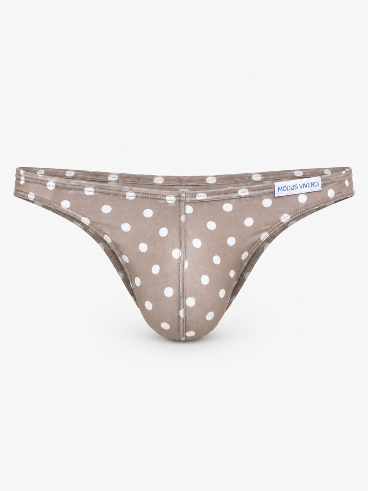 A pair of men's bikini bottoms in a taupe-brown color with a white polka-dot pattern, shown against a plain white background. A small white brand label reading 'MODUS VIVENDI' is visible on the right side of the waistband.