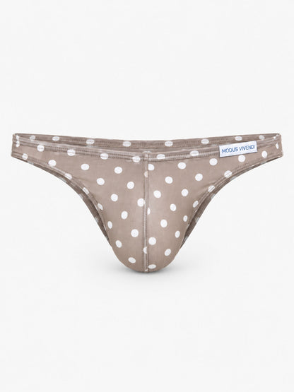 A pair of men's bikini bottoms in a taupe-brown color with a white polka-dot pattern, shown against a plain white background. A small white brand label reading 'MODUS VIVENDI' is visible on the right side of the waistband.