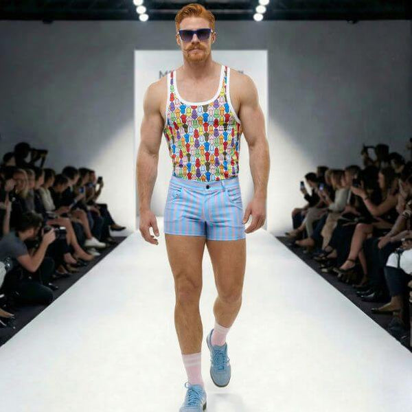 Man walking on a fashion show runway wearing a colourful MODUS VIVENDI Rainbow tank top and striped shorts.