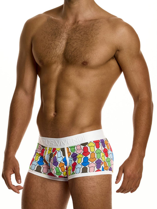 Man wearing colorful patterned underwear on a white background