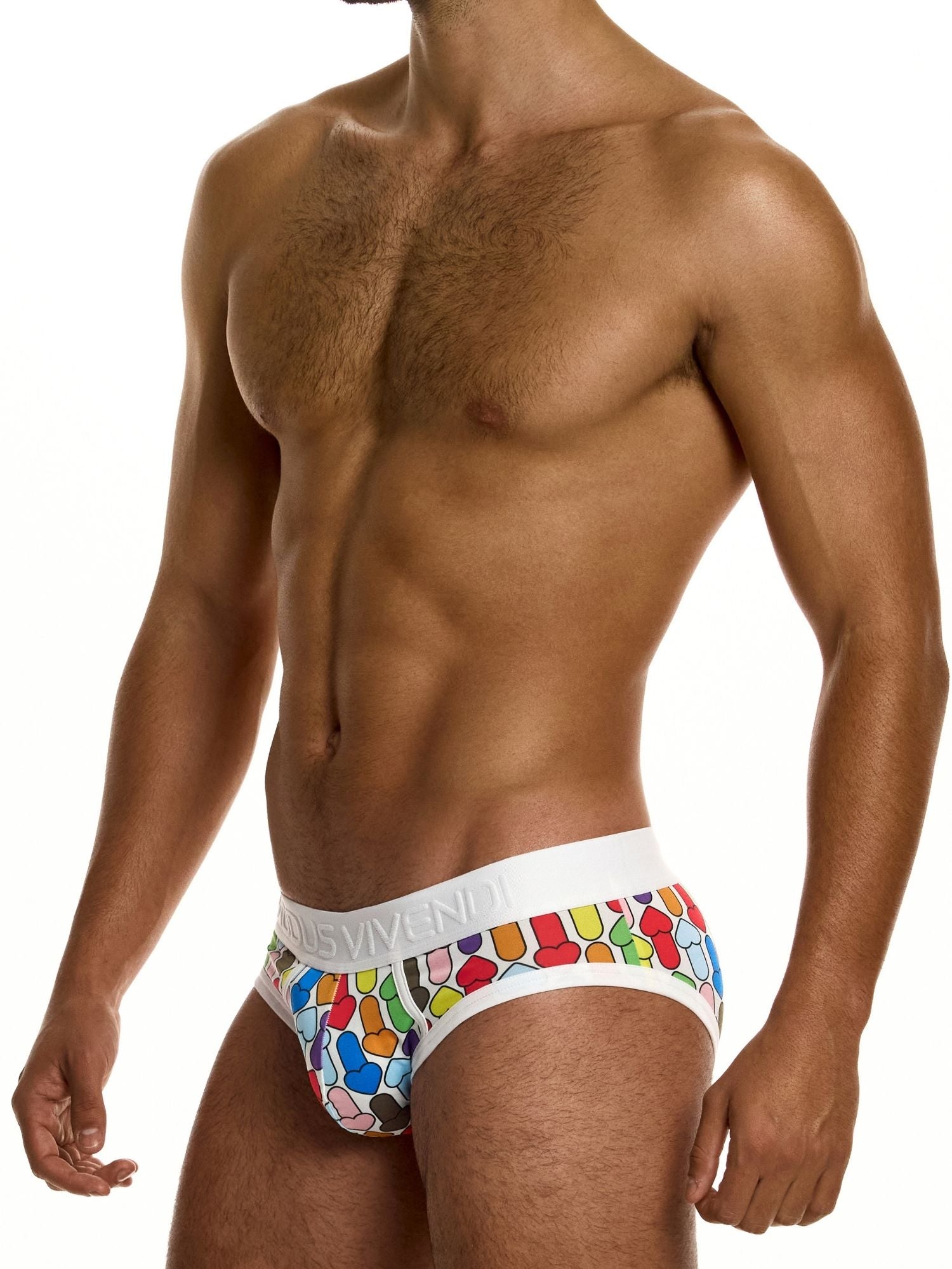 Man wearing colorful men's underwear on a white background