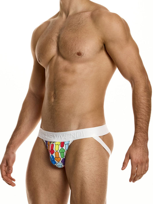 Man wearing colorful men's underwear on a white background