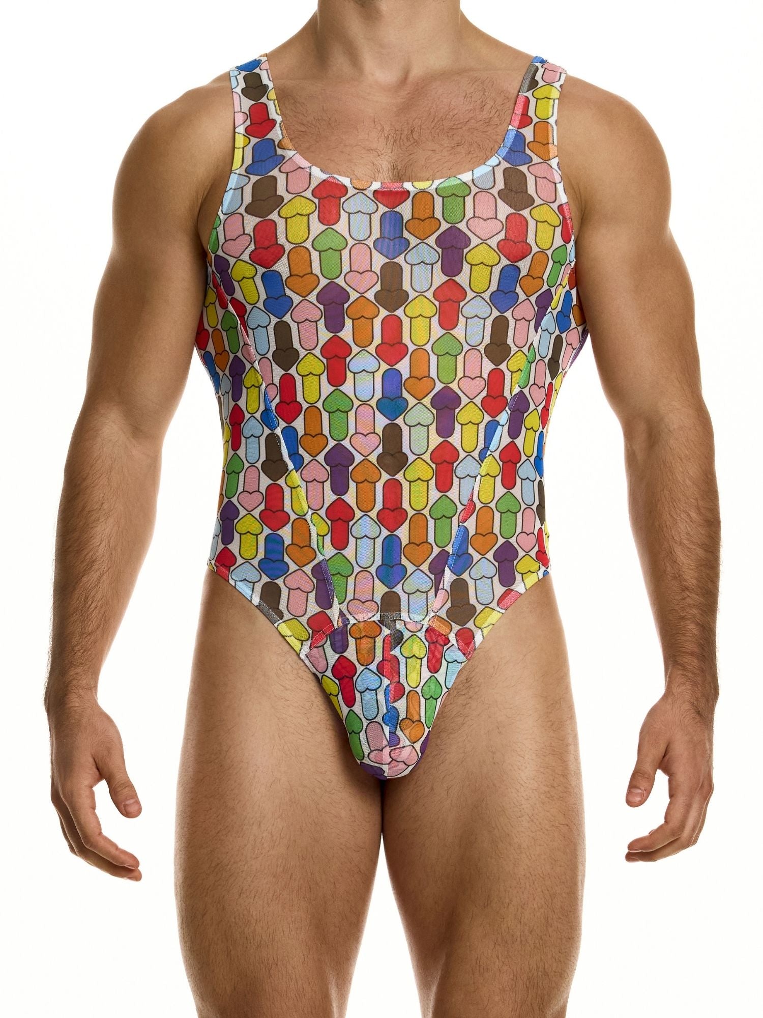 Multicolored geometric patterned sheer bodysuit on a white background