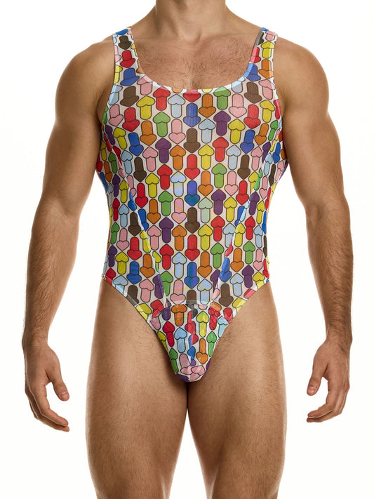 Multicolored geometric patterned sheer bodysuit on a white background